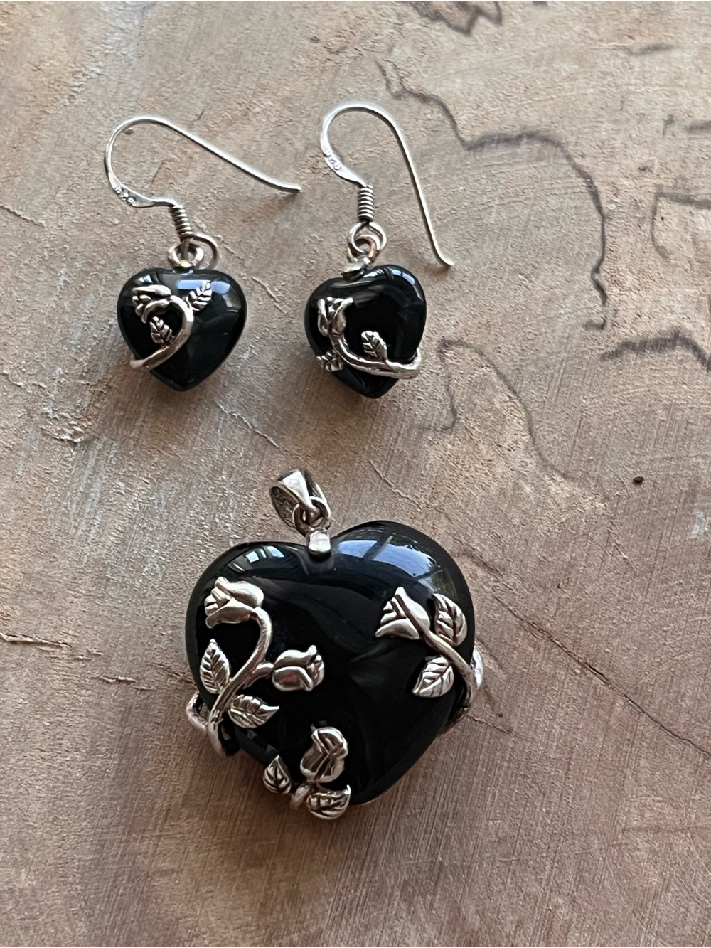 Heart-Shaped Black Onyx and Sterling Silver Pendant and Earring Set